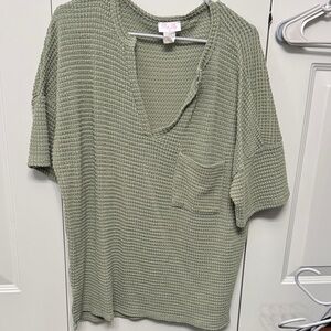 Pink Lily Sage Green Waffle Knit V-Neck Pocket Tee